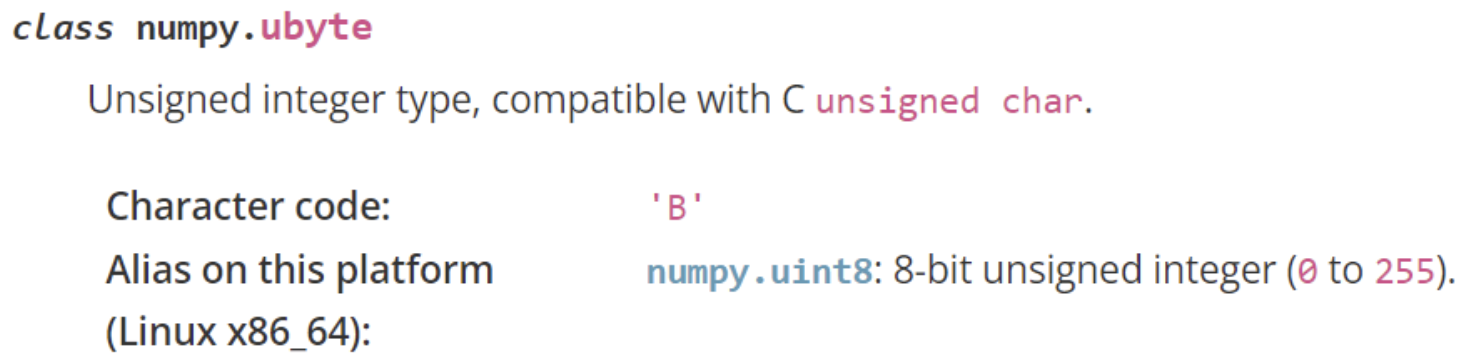 Numpy docs on ubyte